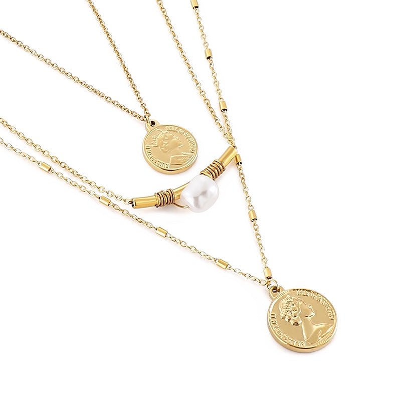 Layered Coin & Pearl Pendant Necklace – Titanium Steel Gold & Silver | Dariya Jewelry