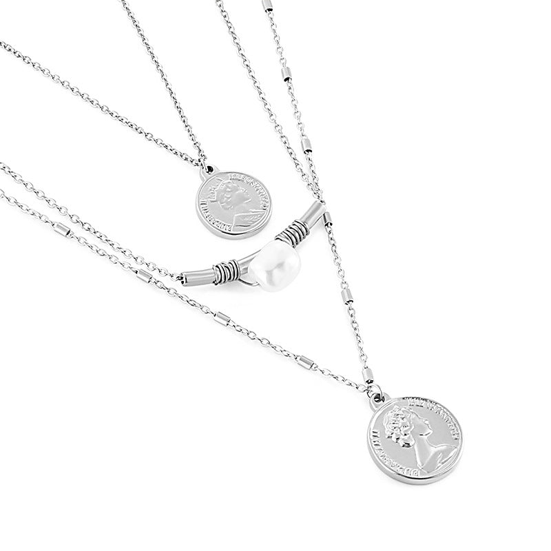 Layered Coin & Pearl Pendant Necklace – Titanium Steel Gold & Silver | Dariya Jewelry