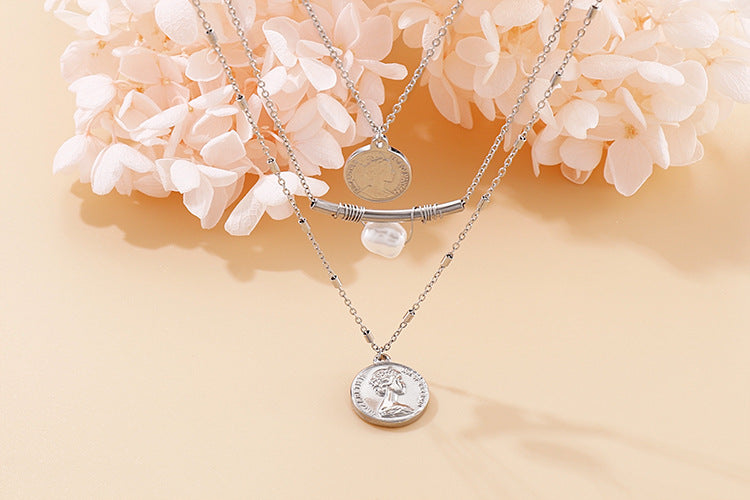 Layered Coin & Pearl Pendant Necklace – Titanium Steel Gold & Silver | Dariya Jewelry