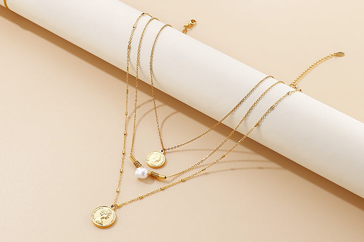 Layered Coin & Pearl Pendant Necklace – Titanium Steel Gold & Silver | Dariya Jewelry