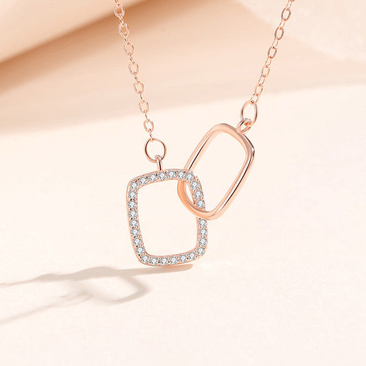 925 Sterling Silver Rhinestone Interlocking Square Pendant Necklace – NDIY139