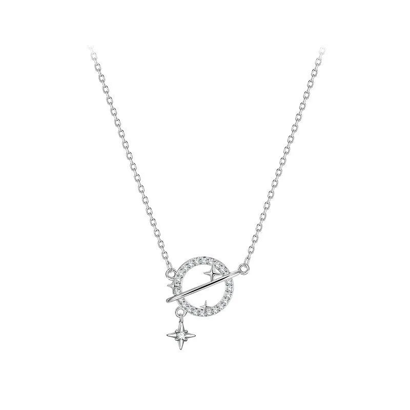 Sterling Silver Classic Planet Pendant Necklace with Rhinestones