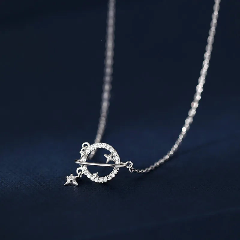 Sterling Silver Classic Planet Pendant Necklace with Rhinestones