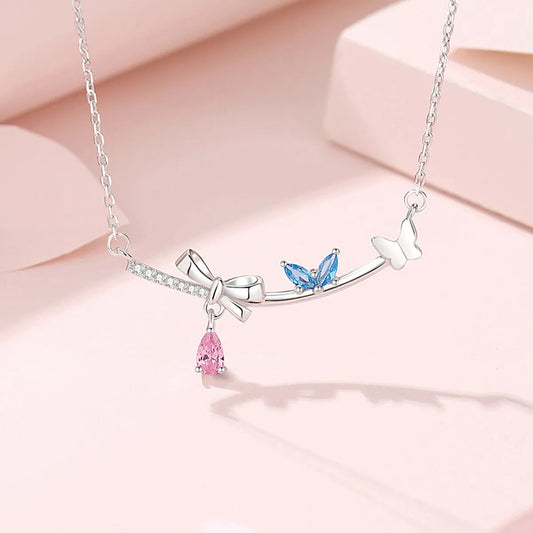 Lady Bow Knot Sterling Silver Pendant Necklace with Inlay Artificial Gemstones