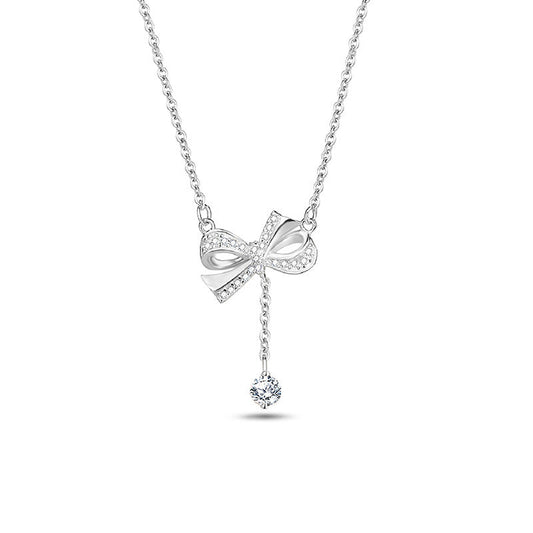 Simple Style Bow Knot Sterling Silver Pendant Necklace with Zircon Inlay