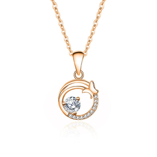 Simple Geometric Round Butterfly Sterling Silver Moissanite Pendant Necklace - Elegant & Dazzling