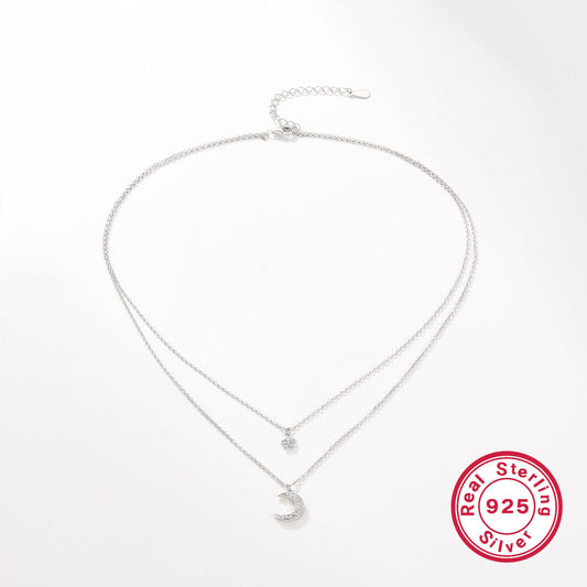 Simple Style Star Moon 925 Sterling Silver Pendant Necklace with Zircon Inlay