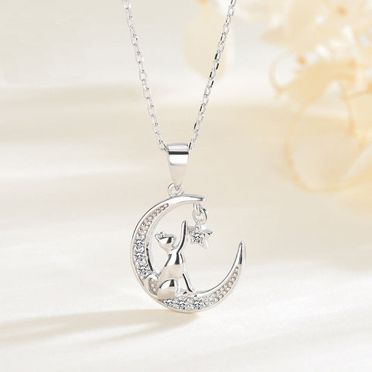 Simple Style Moon Cat Sterling Silver Inlay Zircon Pendant Necklace - Elegant & Trendy Jewelry