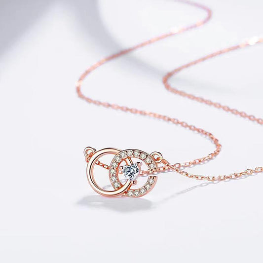 Elegant Double Ring Sterling Silver Zircon Pendant Necklace - Trendy & Timeless