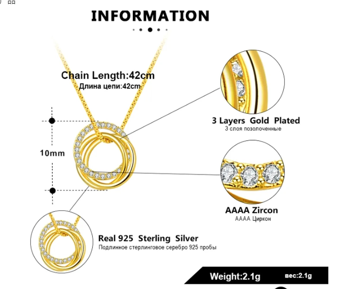 Simple Style Classic O-Shape Zircon Inlay Sterling Silver Pendant Necklace – White Gold Plated