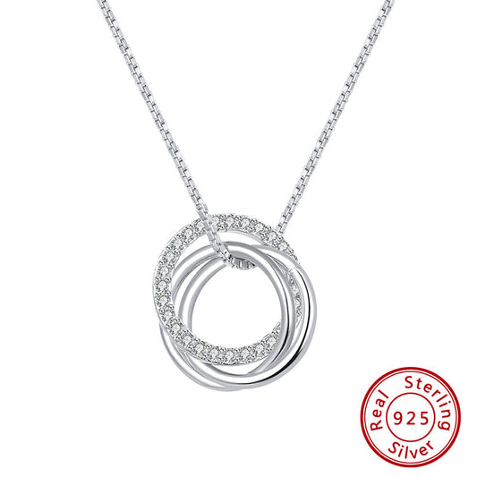 Simple Style Classic O-Shape Zircon Inlay Sterling Silver Pendant Necklace – White Gold Plated