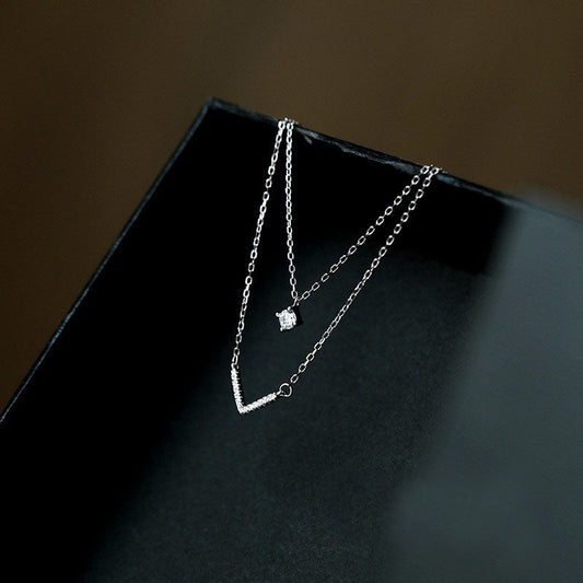 925 Sterling Silver Double Layer White Gold Plated Zircon Pendant Necklace