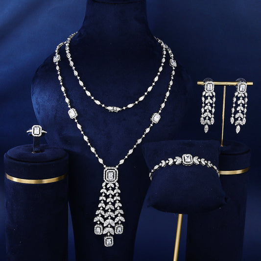 Elegant Shiny Grain Copper White K Zircon Jewelry Set – Women's Tassel Design