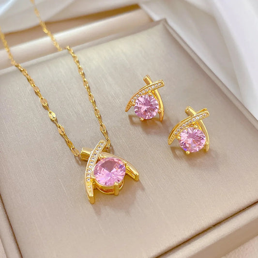 Elegant Zircon Jewelry Set in Gold-Plated Titanium Steel – Necklace & Earrings
