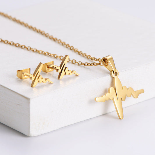 Gold-Plated Stainless Steel Heartbeat Necklace & Earrings Set – Korean Trendy Style | Dariya Jewelry