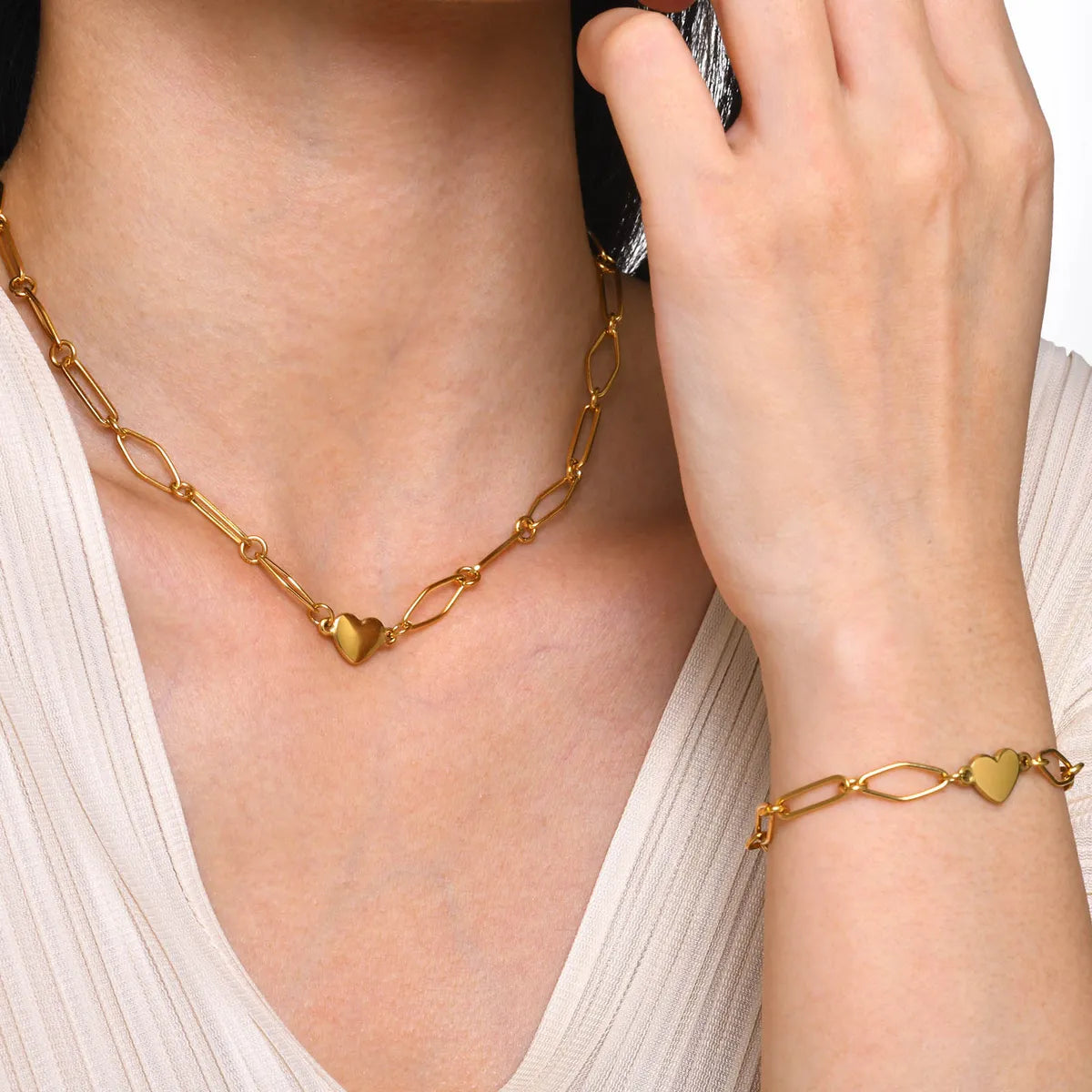 Heart Shape 18K Gold Plated Stainless Steel Necklace & Bracelet Set – Classic Charm for Every Day