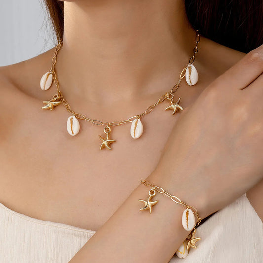 Beach Shell & Starfish Charm Jewelry Set – Zinc Alloy & Natural Shells | Dariya Jewelry