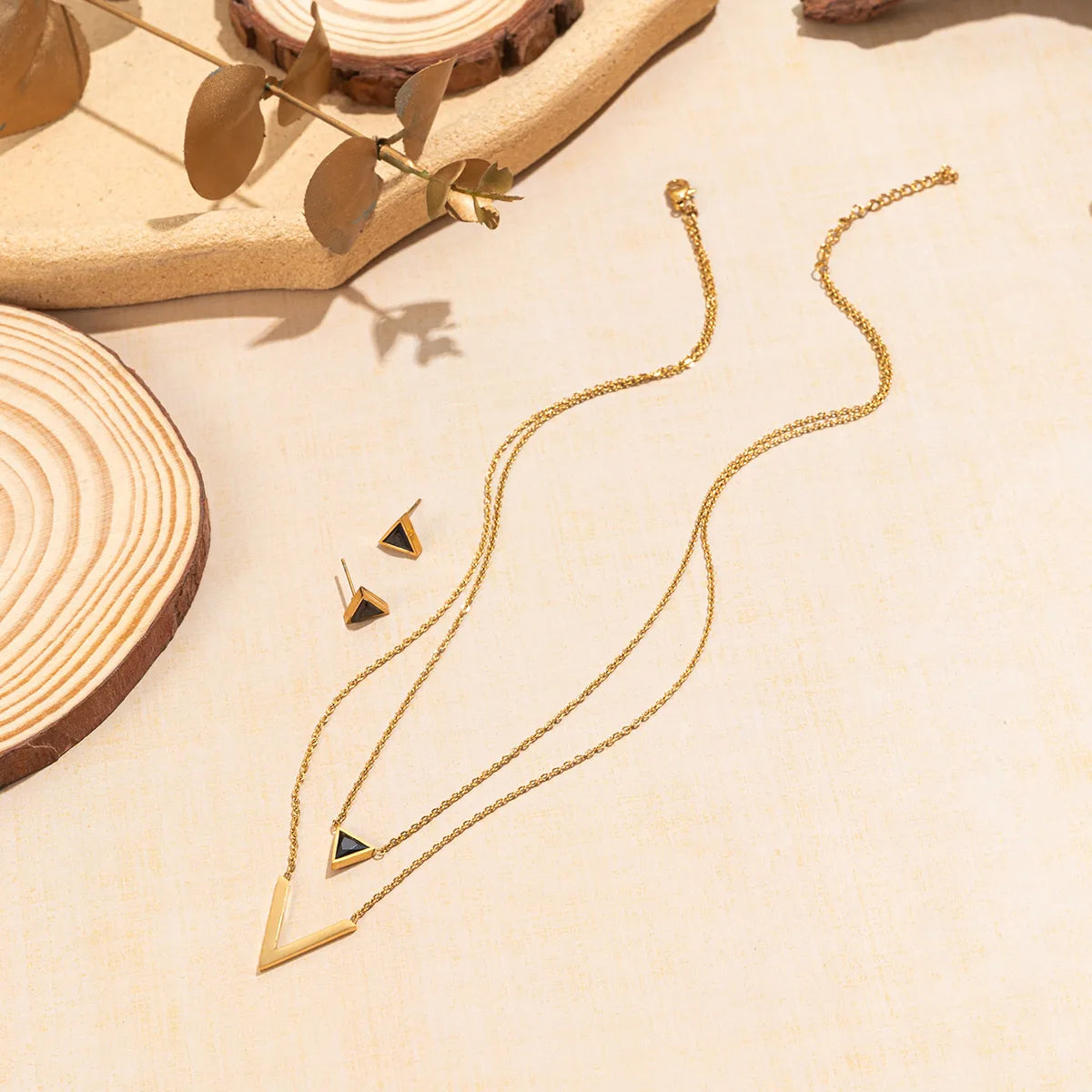 V Shape & Triangle Layered Jewelry Set – 201 Stainless Steel with Zircon Inlay | Dariya Jewelry