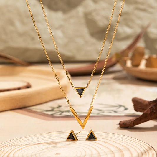 V Shape & Triangle Layered Jewelry Set – 201 Stainless Steel with Zircon Inlay | Dariya Jewelry