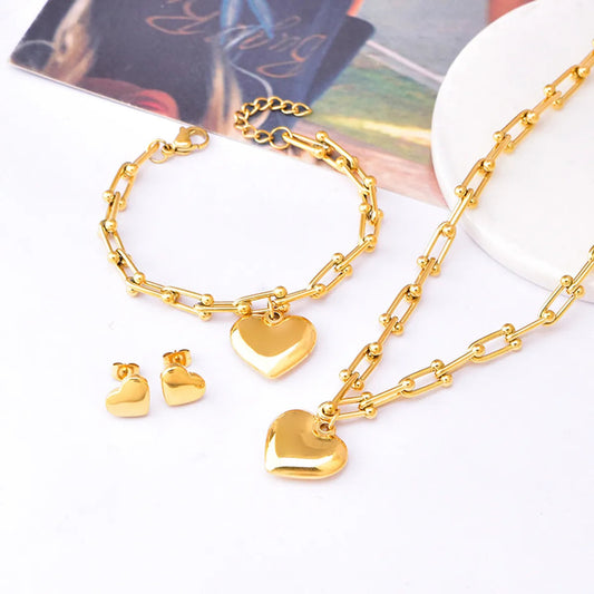 Gold-Plated Heart & Lock Charm Jewelry Set for Women – Titanium Steel (SKU: SETDIY68)