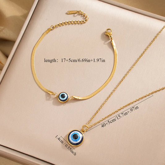 Gold-Plated Stainless Steel Evil Eye Necklace & Bracelet Set – Y2K IG Style
