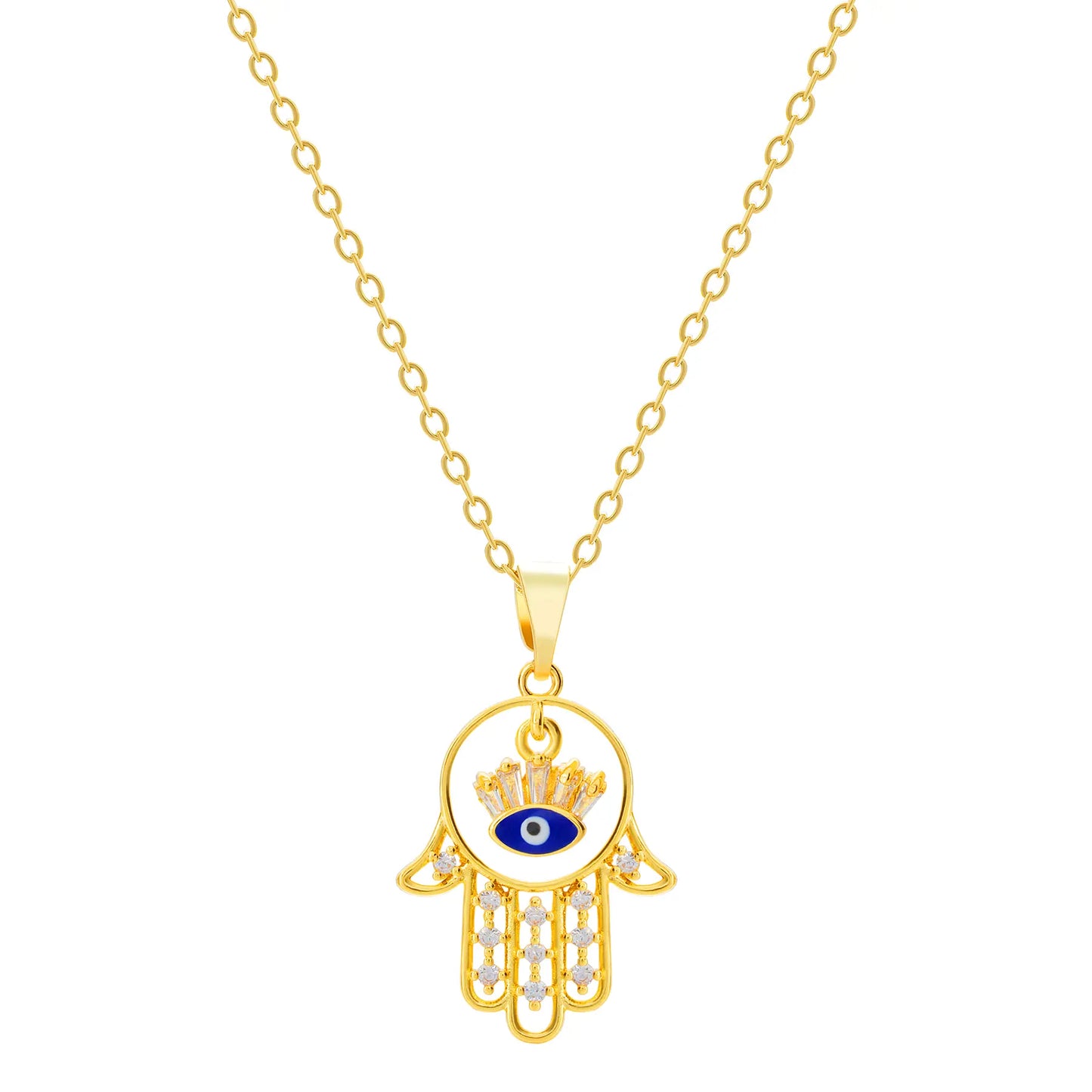 Hamsa Hand Evil Eye Necklace – 18K Gold Plated, CZ Crown Charm