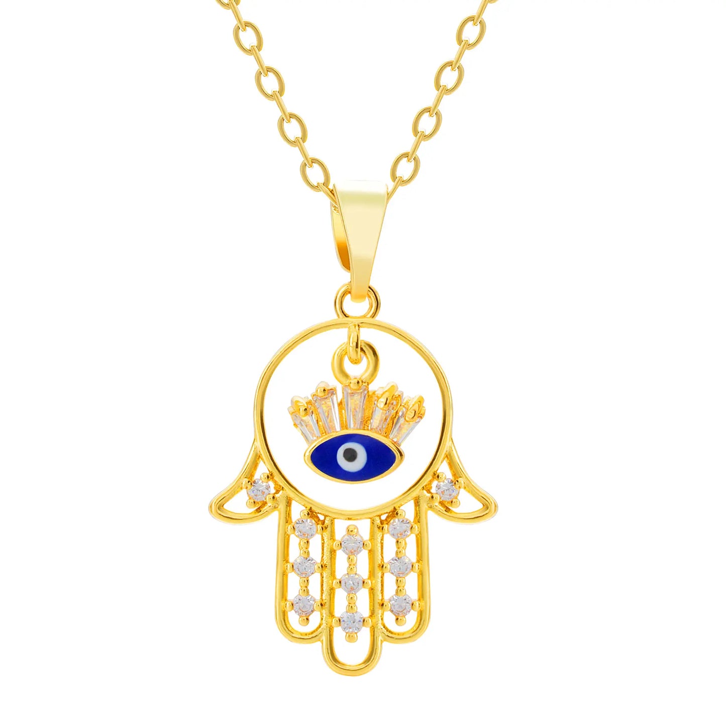 Hamsa Hand Evil Eye Necklace – 18K Gold Plated, CZ Crown Charm