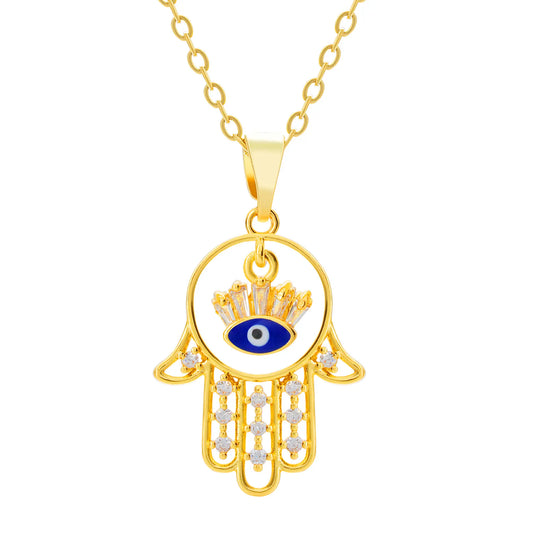 Hamsa Hand Evil Eye Necklace – 18K Gold Plated, CZ Crown Charm